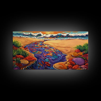 Ocean Stream, Sunset, Framed Canvas Print, Vibrant Beach Painting, Surf Wall Art, Coastal Decor, Sunset Seascape, Colorful Nature Art