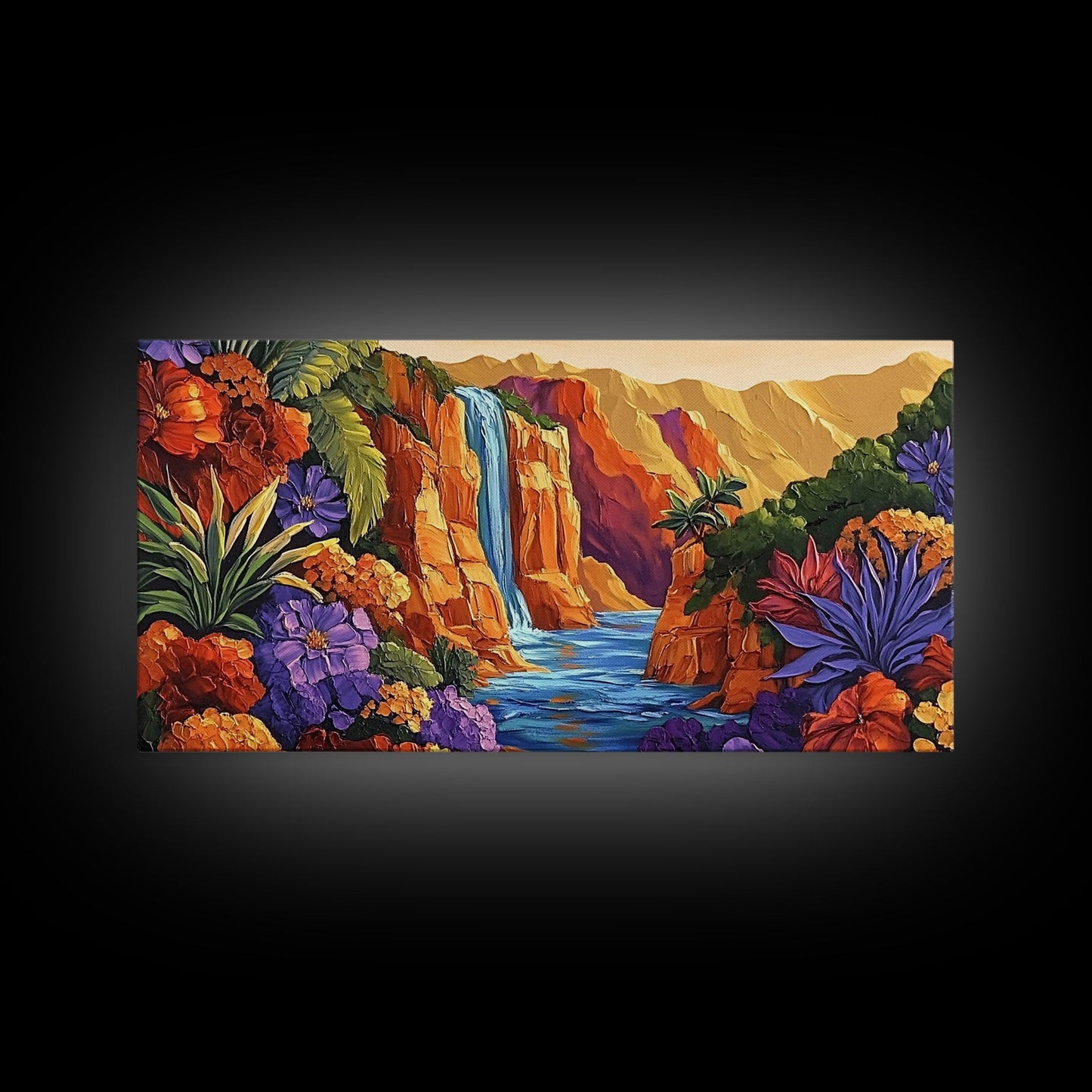 Canyon Waterfall, Desert Bloom, Sunset Rocks, Framed Canvas Print, Nature Landscape Wall Art, Boho Bedroom or Office Decor