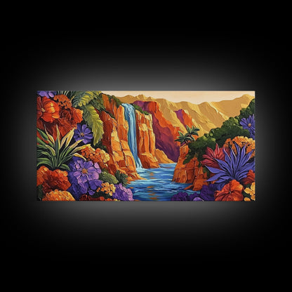 Canyon Waterfall, Desert Bloom, Sunset Rocks, Framed Canvas Print, Nature Landscape Wall Art, Boho Bedroom or Office Decor