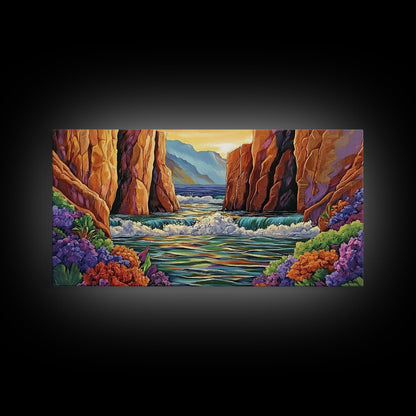 Canyon Cliffs, Ocean View, Sunset Water, Framed Canvas Print, Vibrant Landscape Wall Art, Office or Entryway Nature Decor
