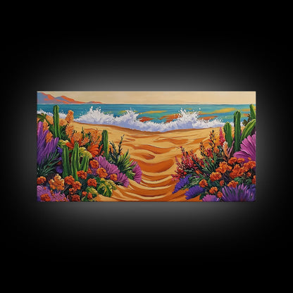 Beach Floral, Sunset, Cactus, Vibrant Desert Coastal Pathway Canvas Print, Entryway Wall Art, Boho Style Art, Tropical Beach Wall Decor