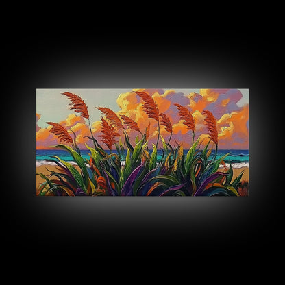 Coastal Sunset, Grasses, Canvas Print, Autumn Beach Landscape Art, Boho Living Room Wall Decor, Colorful Nature Painting