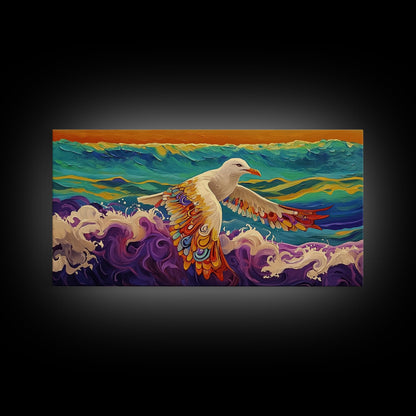 Seagull Ocean, Wings, Framed Canvas Print, Whimsical Bird Wall Art, Nautical Coastal Decor, Colorful Beach Painting, Boho Wall Art