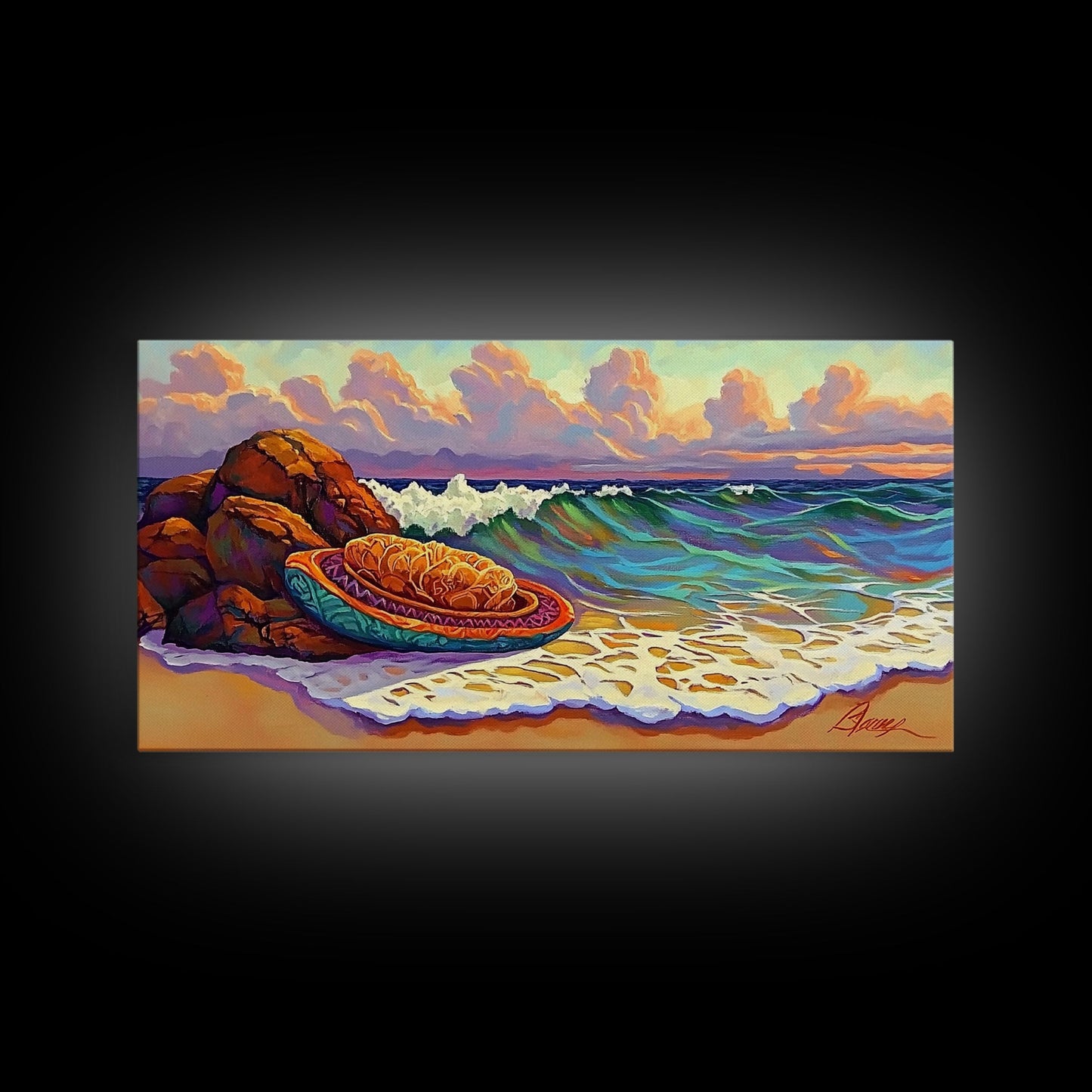 Conchas Beach, Sunset, Waves, Canvas Print, Mexican sweet bread art, kitchen wall decor, colorful bakery art, beach wall painting