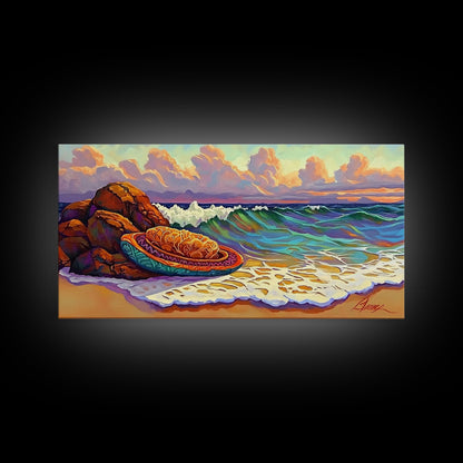 Conchas Beach, Sunset, Waves, Canvas Print, Mexican sweet bread art, kitchen wall decor, colorful bakery art, beach wall painting