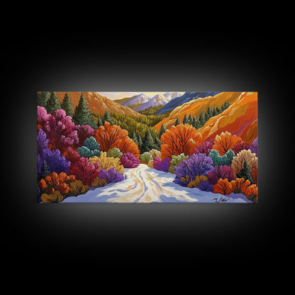 Autumn Forest, Snow, Trail, Canvas Print, Fall landscape painting, cabin wall decor, cozy mountain art, vibrant rustic hallway print