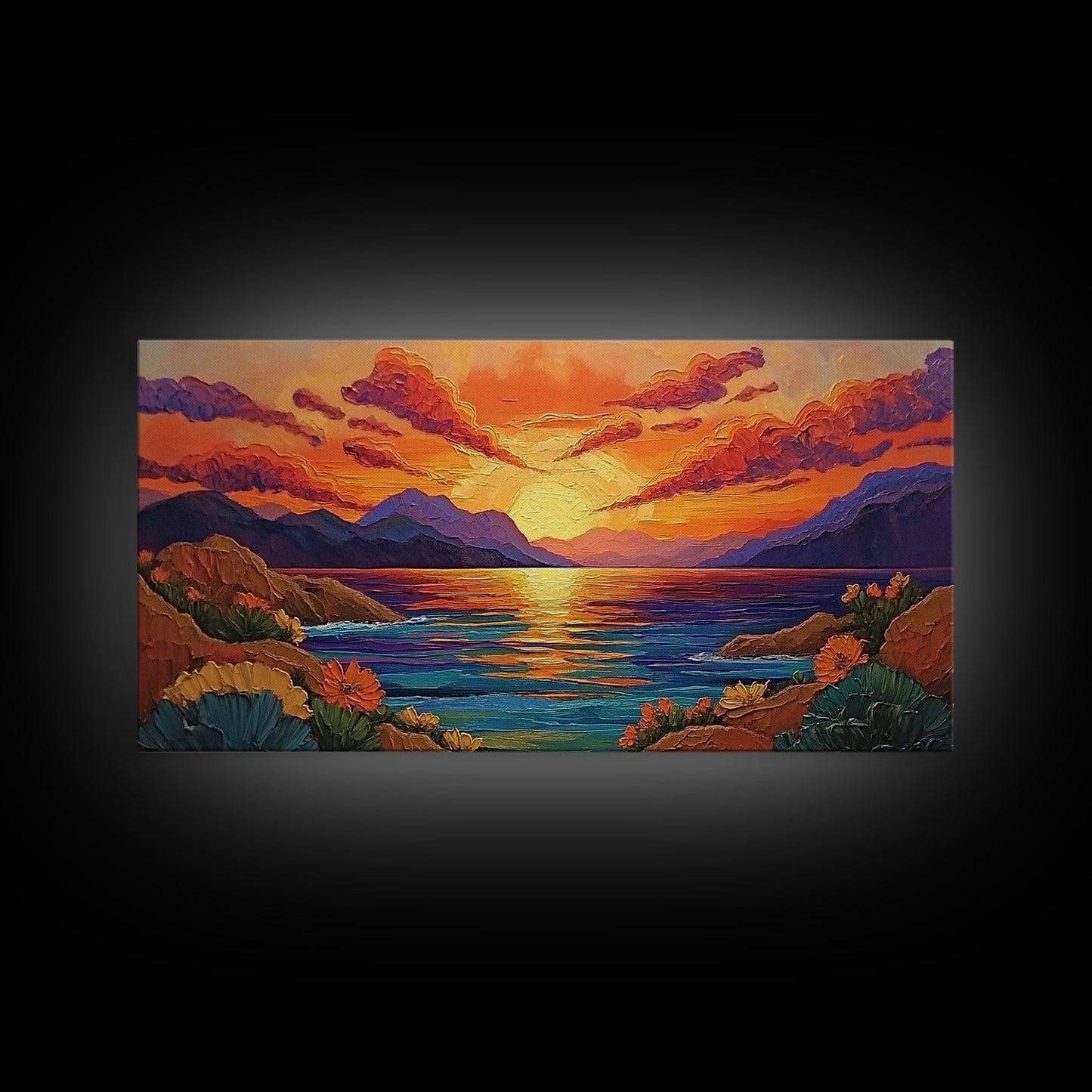 Sunset Coastal, Landscape, Vibrant Colors, Framed Canvas Print, Boho Beach Art, Living Room Wall Decor, Nature Painting, Summer Vibes