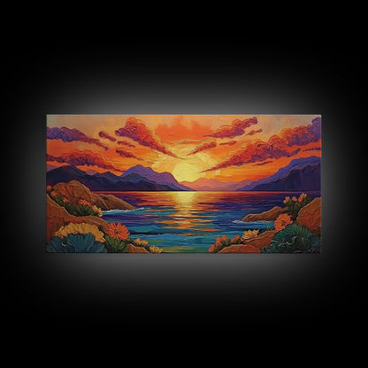 Sunset Coastal, Landscape, Vibrant Colors, Framed Canvas Print, Boho Beach Art, Living Room Wall Decor, Nature Painting, Summer Vibes