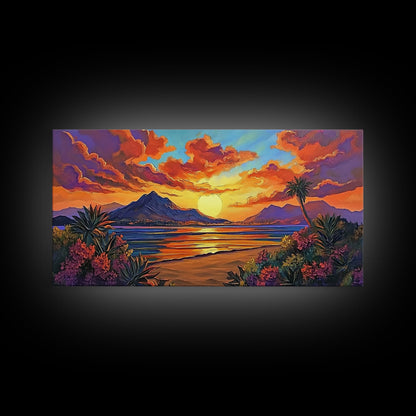 Mountains Tropical, Sunset, Palm Trees, Framed Canvas Print, Bold Landscape Art, Living Room Wall Decor, Sunset View, Boho Decor