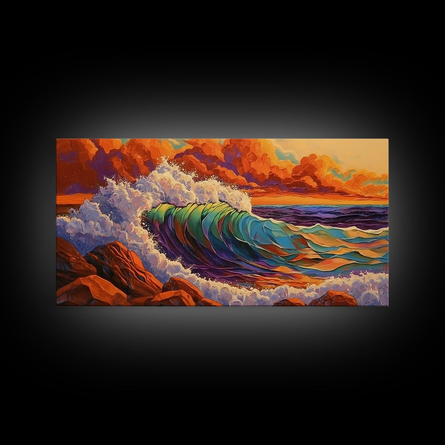 Ocean Wave, Sunset, Crashing Surf, Framed Canvas Print, Colorful Coastal Art, Living Room Wall Decor, Seaside Painting, Bold Landscape