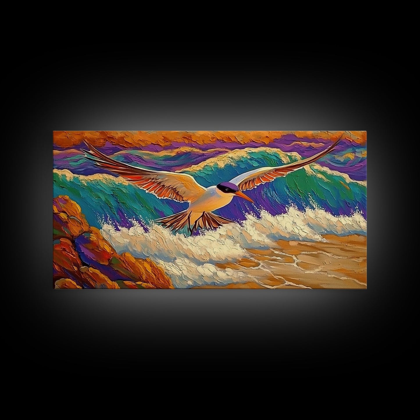 Seagull, Beach, Ocean Waves, Vibrant Sky, Framed Canvas Print, Coastal Wildlife Art, Living Room Wall Decor, Bird Painting, Boho Nature