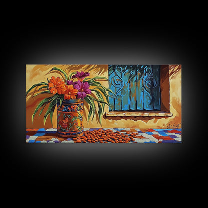 Flowers Pottery, Window, Still Life, Canvas Print, vibrant floral still life wall art, Mexican pottery, rustic kitchen décor