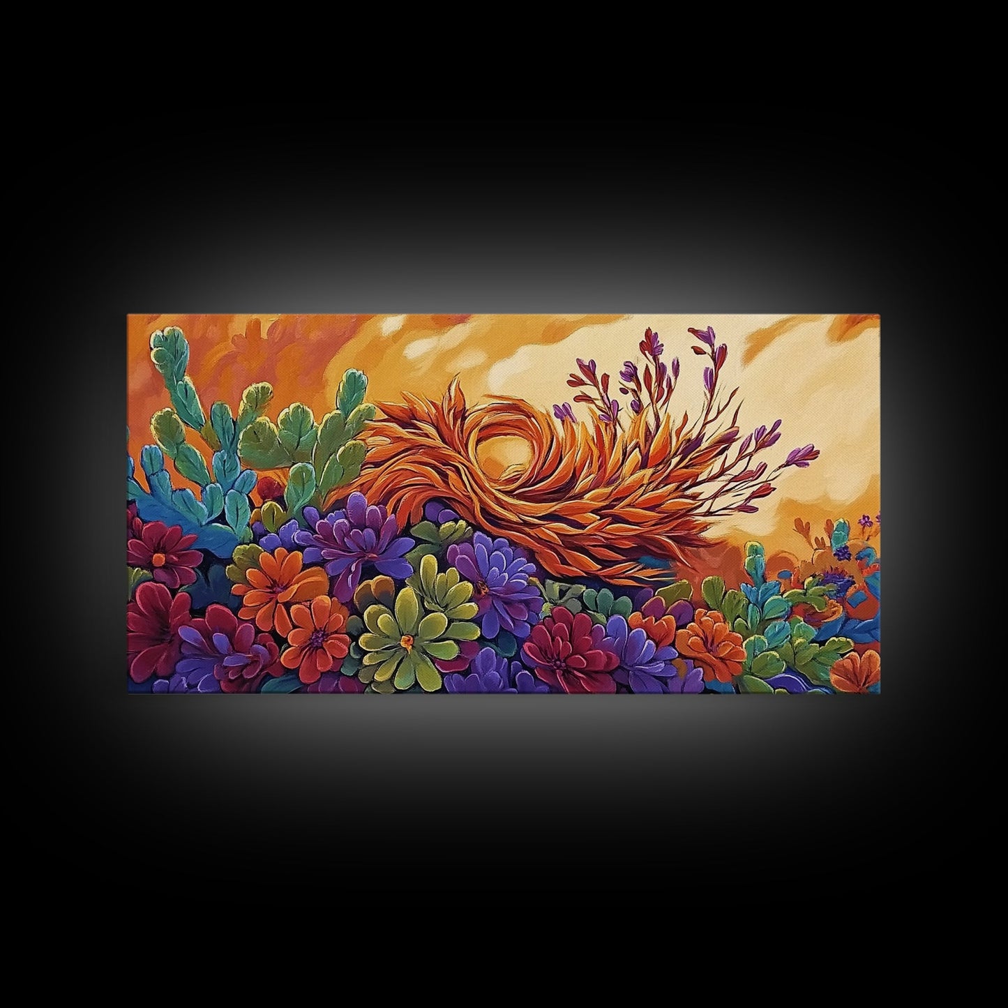 Succulent, Desert, Bloom, Sunset, Framed Canvas Print, Cactus boho art, colorful desert wall decor, Southwestern kitchen wall art