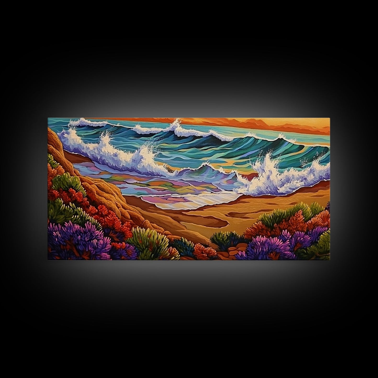 Wave Shoreline, Sunset Painting, Framed Canvas Print, vibrant crashing ocean waves, colorful rocks, Coastal Wall Art, tropical art