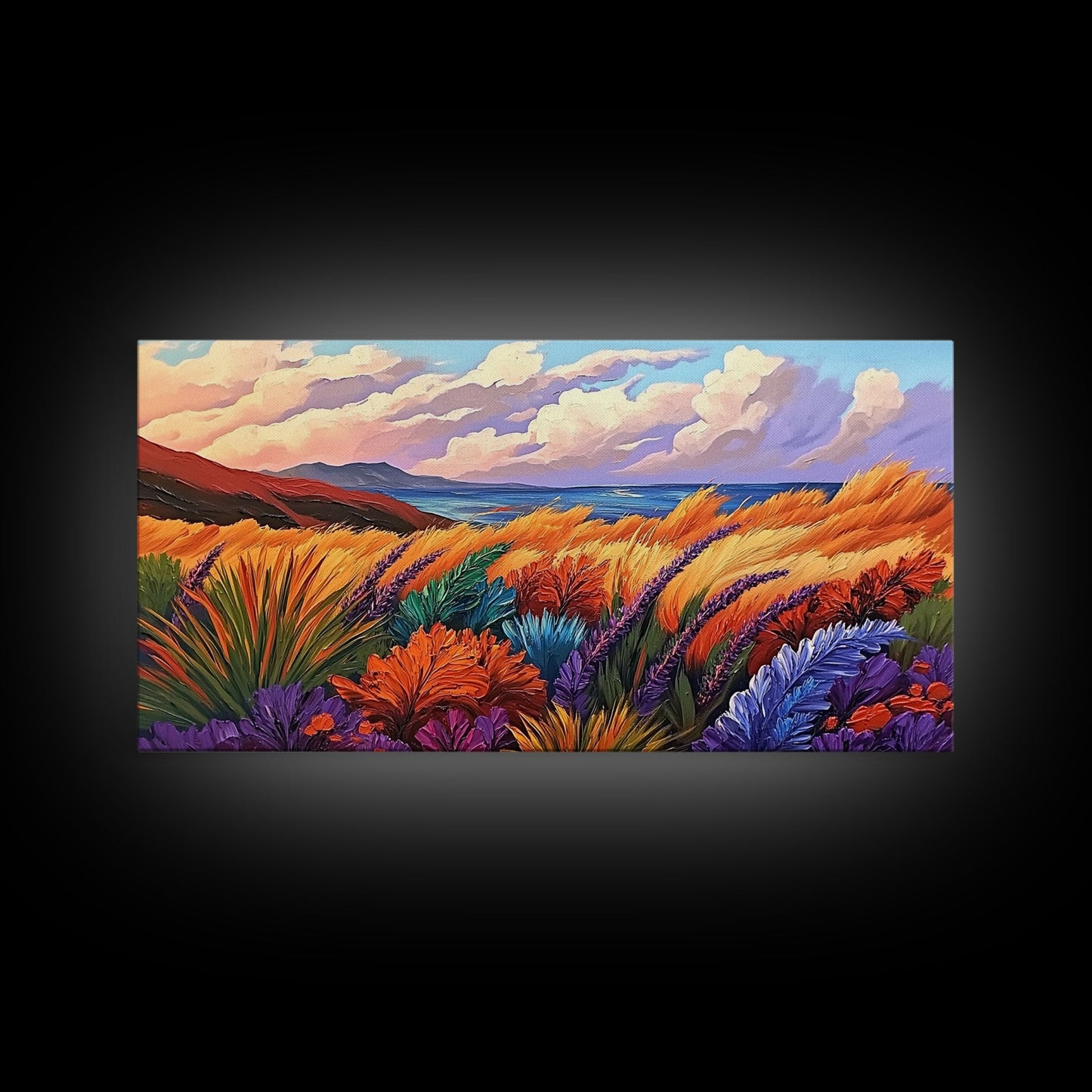 Golden Field, Coastal Landscape, Sunset, Colorful Grass, Ocean View, Large Wall Art, Living Room Wall Art, Canvas Print, Nature Decor