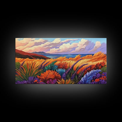 Golden Field, Coastal Landscape, Sunset, Colorful Grass, Ocean View, Large Wall Art, Living Room Wall Art, Canvas Print, Nature Decor