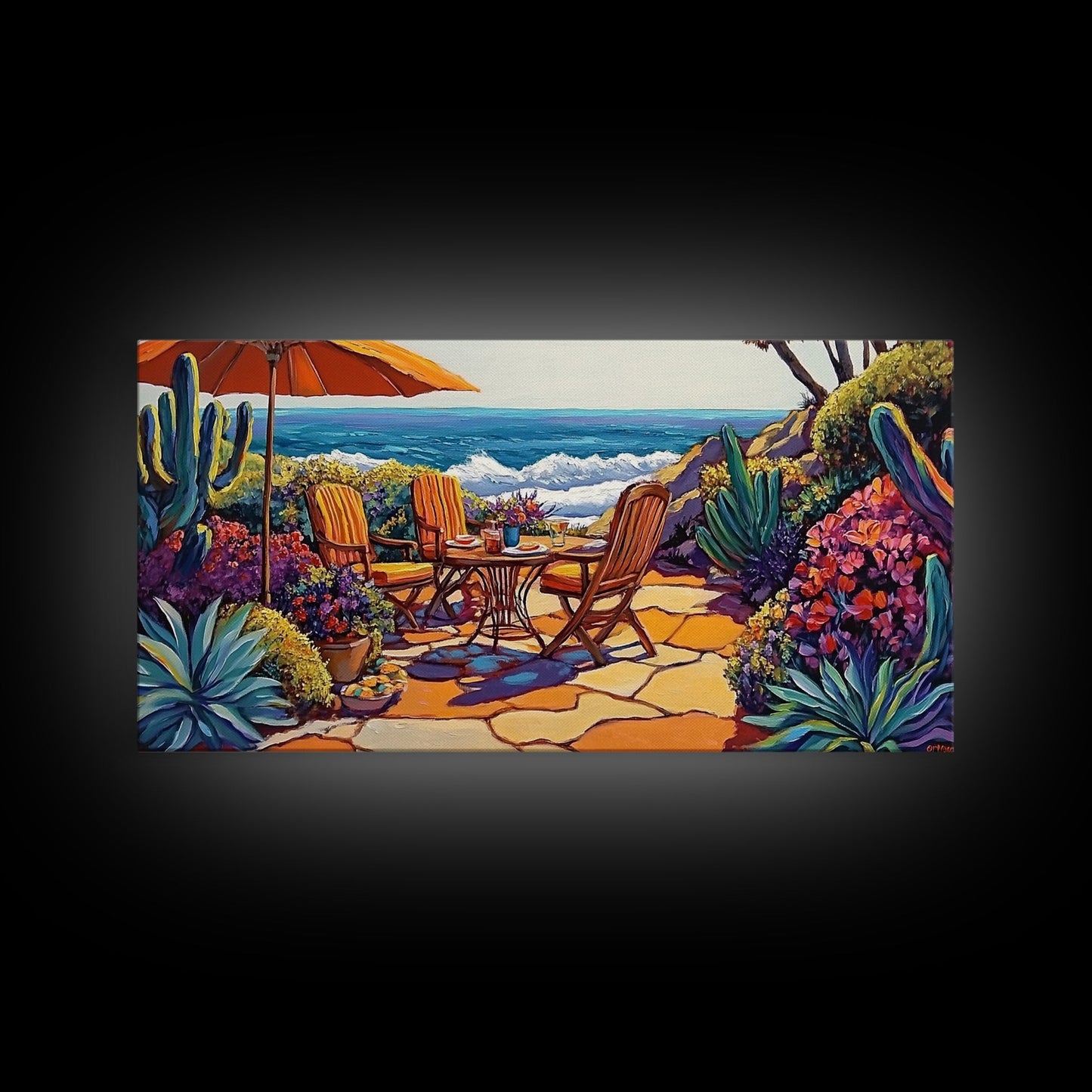 Patio, Ocean, Dining, Framed Canvas Print, Colorful seaside patio with umbrella and table scene, Summer vibes, Dining Room Wall Art