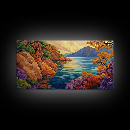 Mountain Lake, Trees, Reflection, Canvas Print with vivid autumn landscape painting, living room wall art, boho nature decor