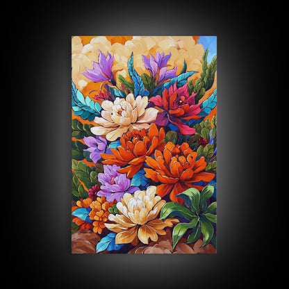 Floral Boho, Bright, Fall, Canvas Print vibrant flower bouquet wall art, fall floral wall decor, dining room print, bohemian art gift