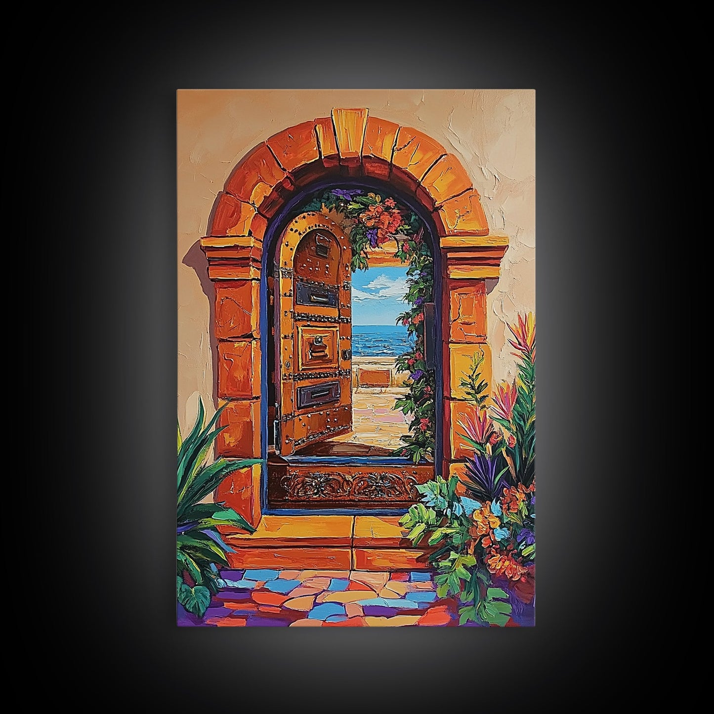 Doorway Ocean, View, Escape, Framed Canvas Print, Mediterranean coastal decor, boho travel wall art, vibrant entryway art, hallway decor