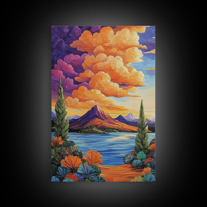 Mountain Lake, Cloudscape, Reflection, Framed Canvas Print, Bold sunset wall art, vibrant color landscape, Cabin or Living Room Wall Art