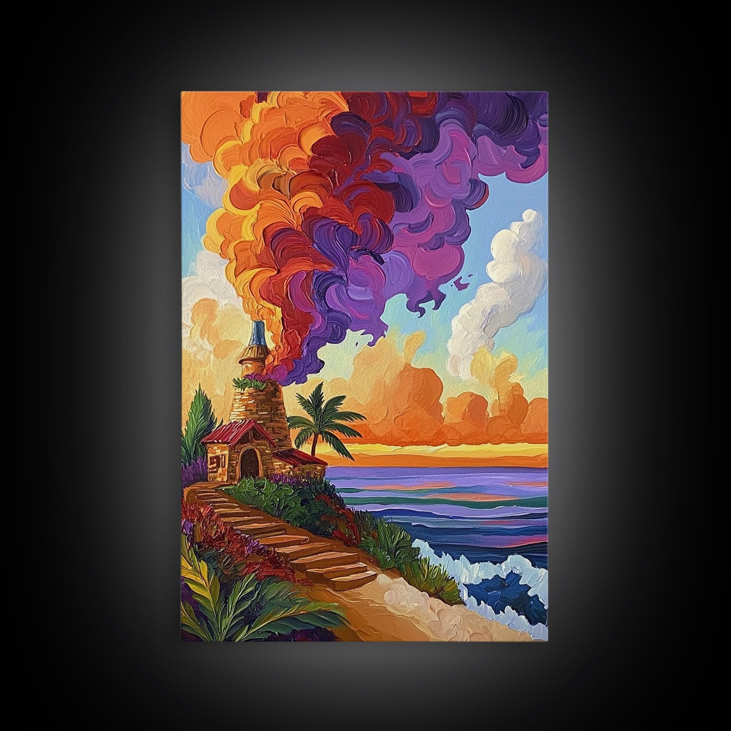Lighthouse Sunset, Tropical, Path, Canvas Print, Colorful coastal home décor, beach house art, tropical living room wall painting