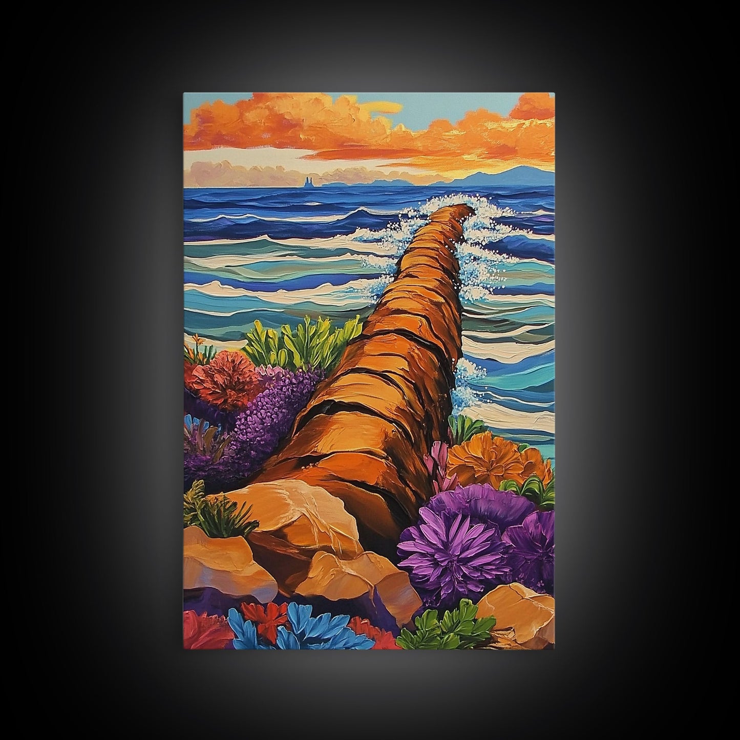 Ocean Path, Wildflowers, Shoreline, Framed Canvas Print coastal path wall art, ocean wildflower painting, beach garden style, hallway decor