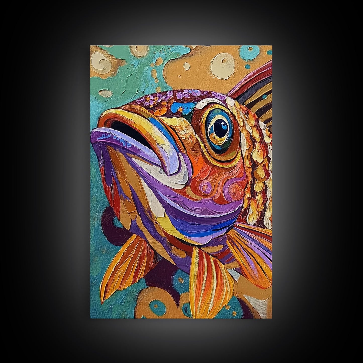 Fish Colorful, Tropical, Bold, Framed Canvas Print, vibrant ocean art, coastal bathroom decor, abstract tropical fish painting, boho beach