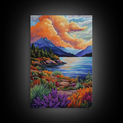 Lake Mountains, Sunset, Autumn, Framed Canvas Print serene mountain lake sunset wall art, vibrant Autumn landscape canvas, cozy cabin decor