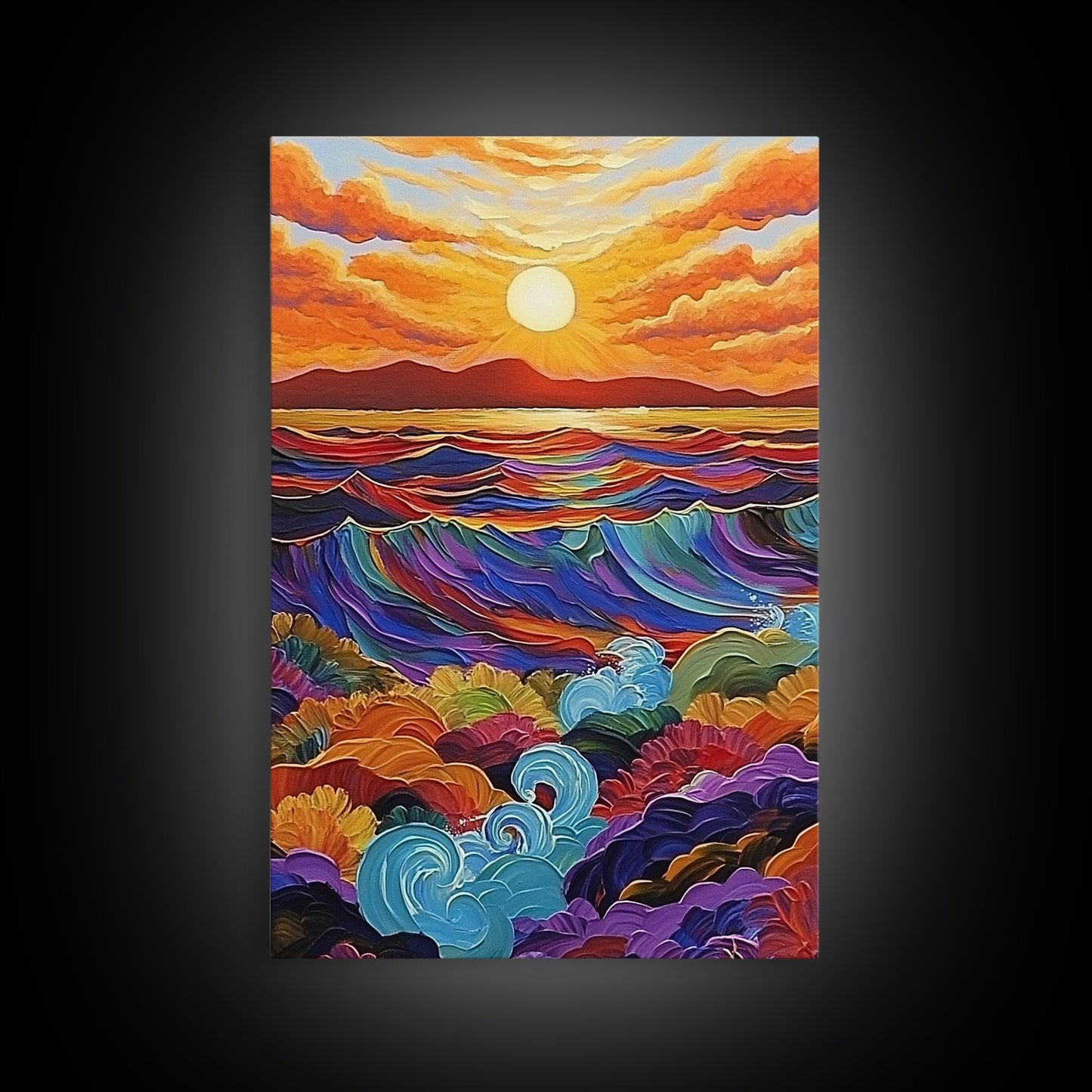 Sunset Ocean, Waves, Framed Canvas Print, Vibrant Abstract Seascape Wall Art, Colorful Ocean Decor, Living Room Statement Art