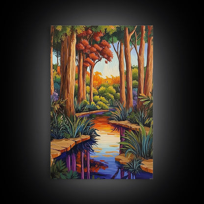 Forest Creek, Autumn, Framed Canvas Print, Tranquil Fall Landscape Wall Art, Vibrant Nature Decor, Woodland Boho Style, Bedroom Wall Art