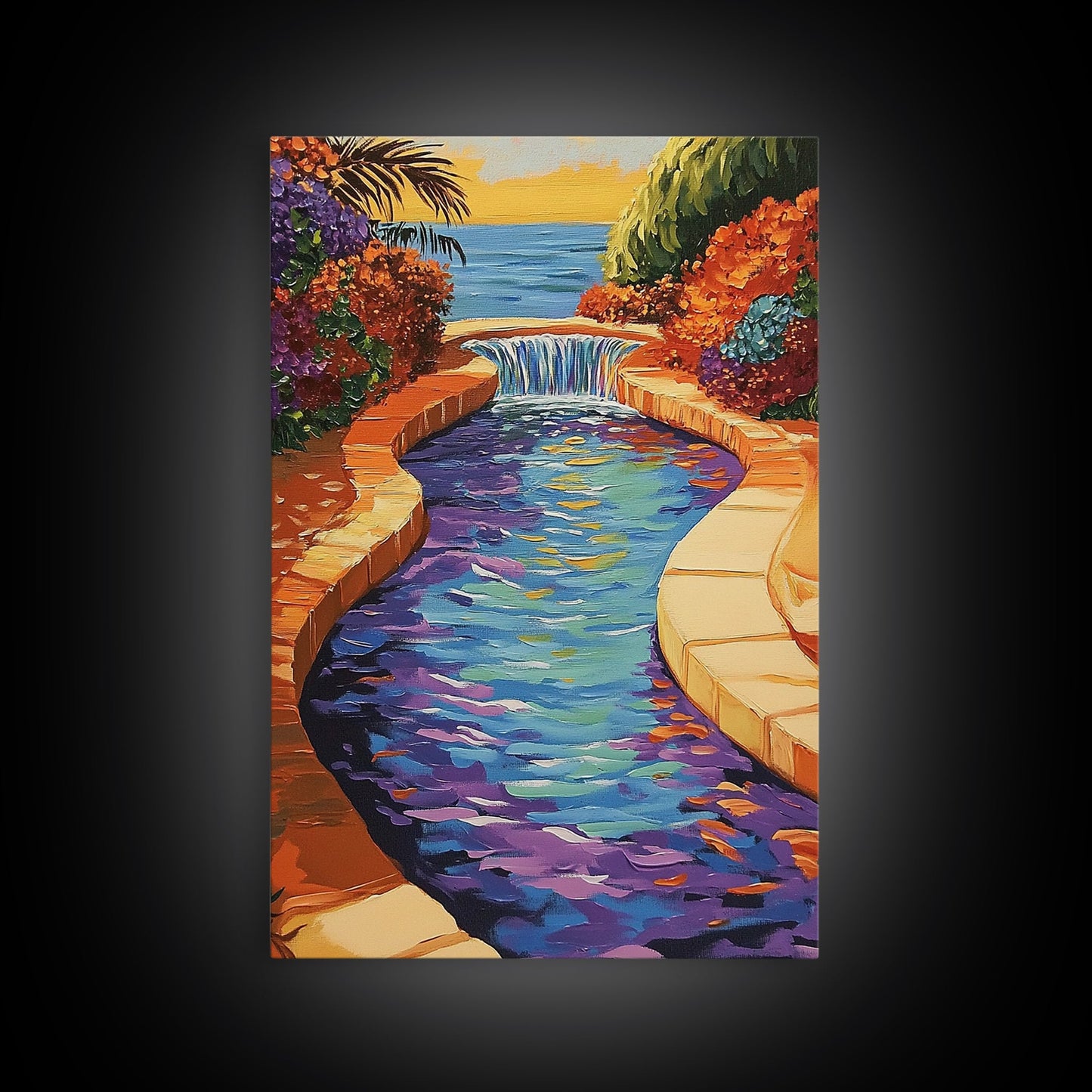 Pool Garden, Oasis, Sunset, Framed Canvas Print vibrant patio wall art, tropical courtyard landscape, kitchen art, sunroom boho decor