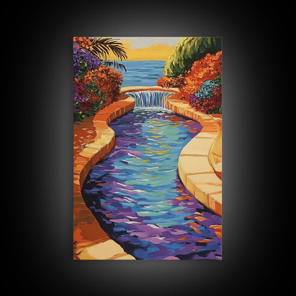 Pool Garden, Oasis, Sunset, Framed Canvas Print vibrant patio wall art, tropical courtyard landscape, kitchen art, sunroom boho decor