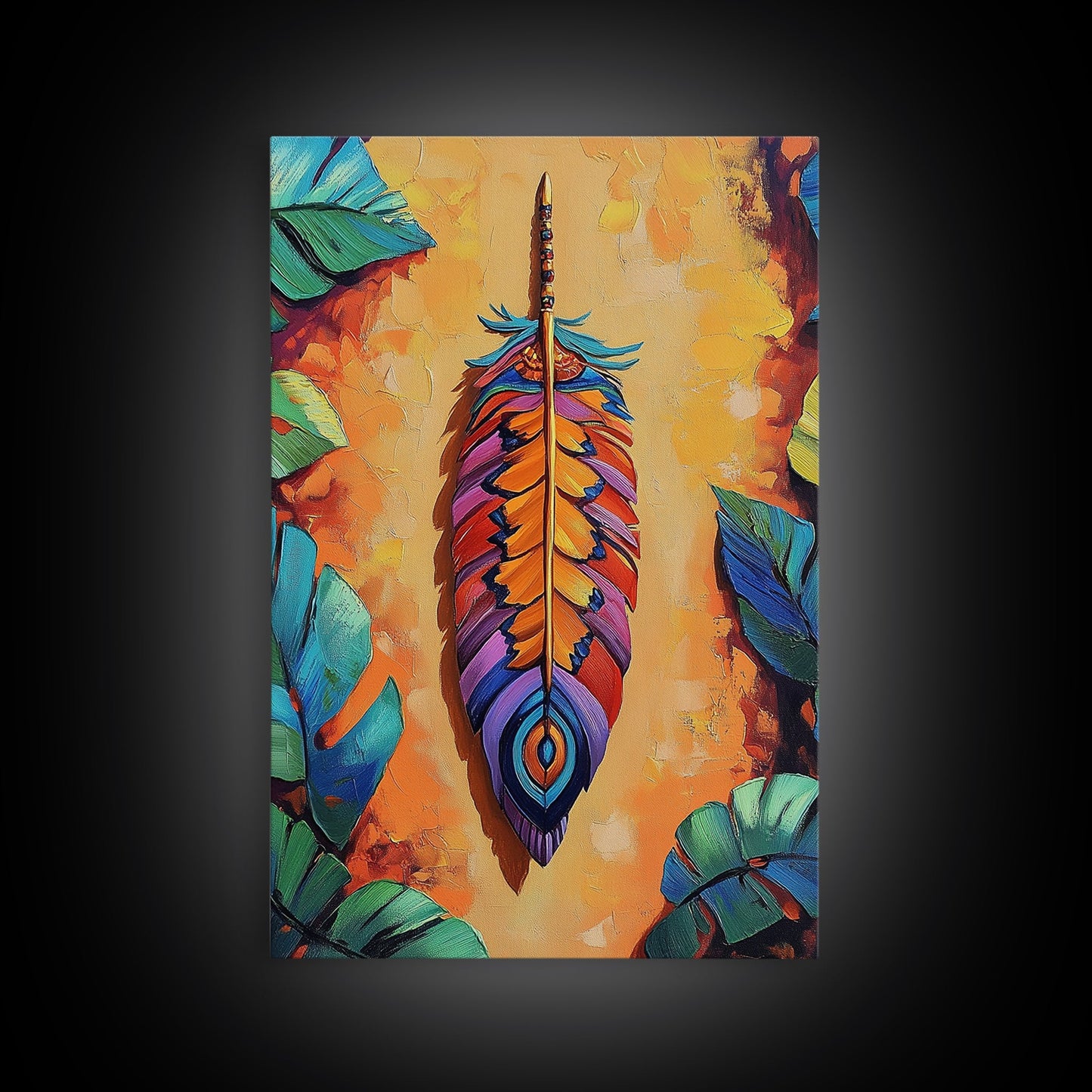 Bold Feather, Boho, Tropical, Colorful Framed Canvas Print, Eclectic Bedroom Wall Art, Boho Style Decor, Vibrant Southwest Wall Hanging