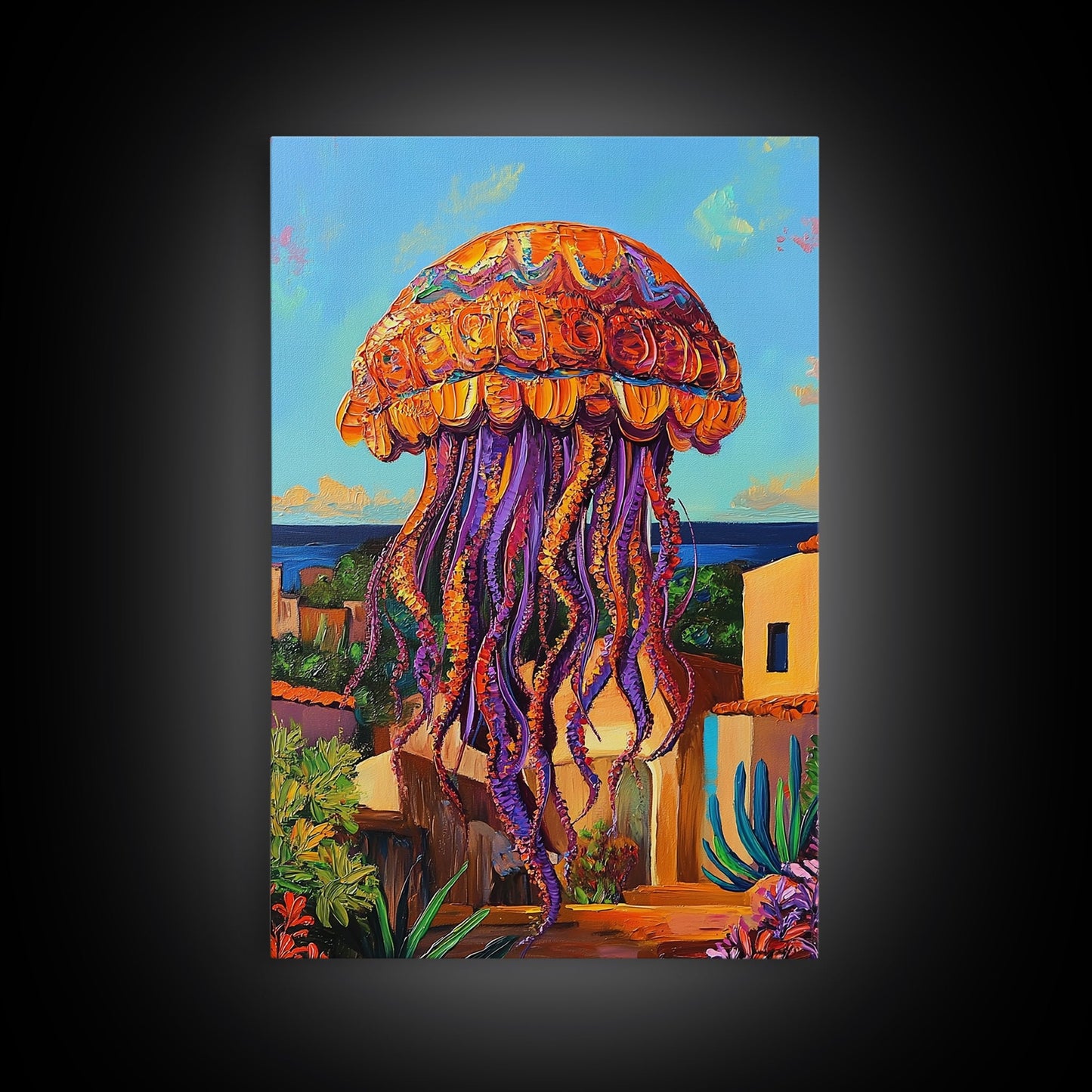 Jellyfish Surreal, Ocean, Dreamy Framed Canvas Print, Coastal Living Room Wall Art, Fantasy Sea Creature Art, Bright Tropical Decor