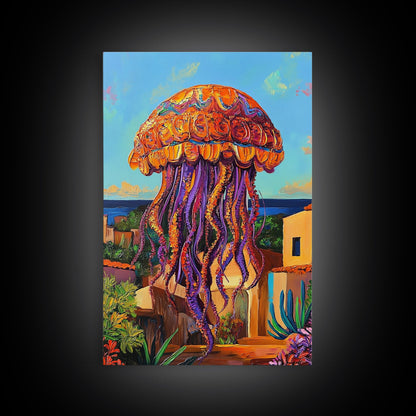 Jellyfish Surreal, Ocean, Dreamy Framed Canvas Print, Coastal Living Room Wall Art, Fantasy Sea Creature Art, Bright Tropical Decor