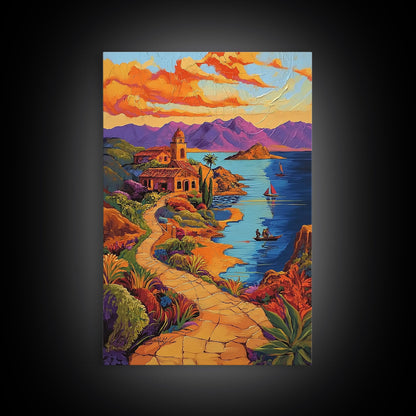 Coastal Village, Pathway, Sunset, Framed Canvas Print, Mediterranean coastal art, colorful landscape painting, boho living room wall decor