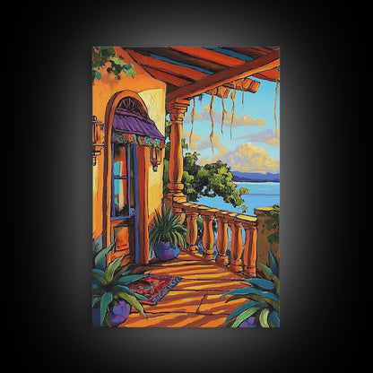 Porch Lake, Peaceful, View, Framed Canvas Print, relaxing patio art, summer lake view, rustic porch decor, Mediterranean vibes painting