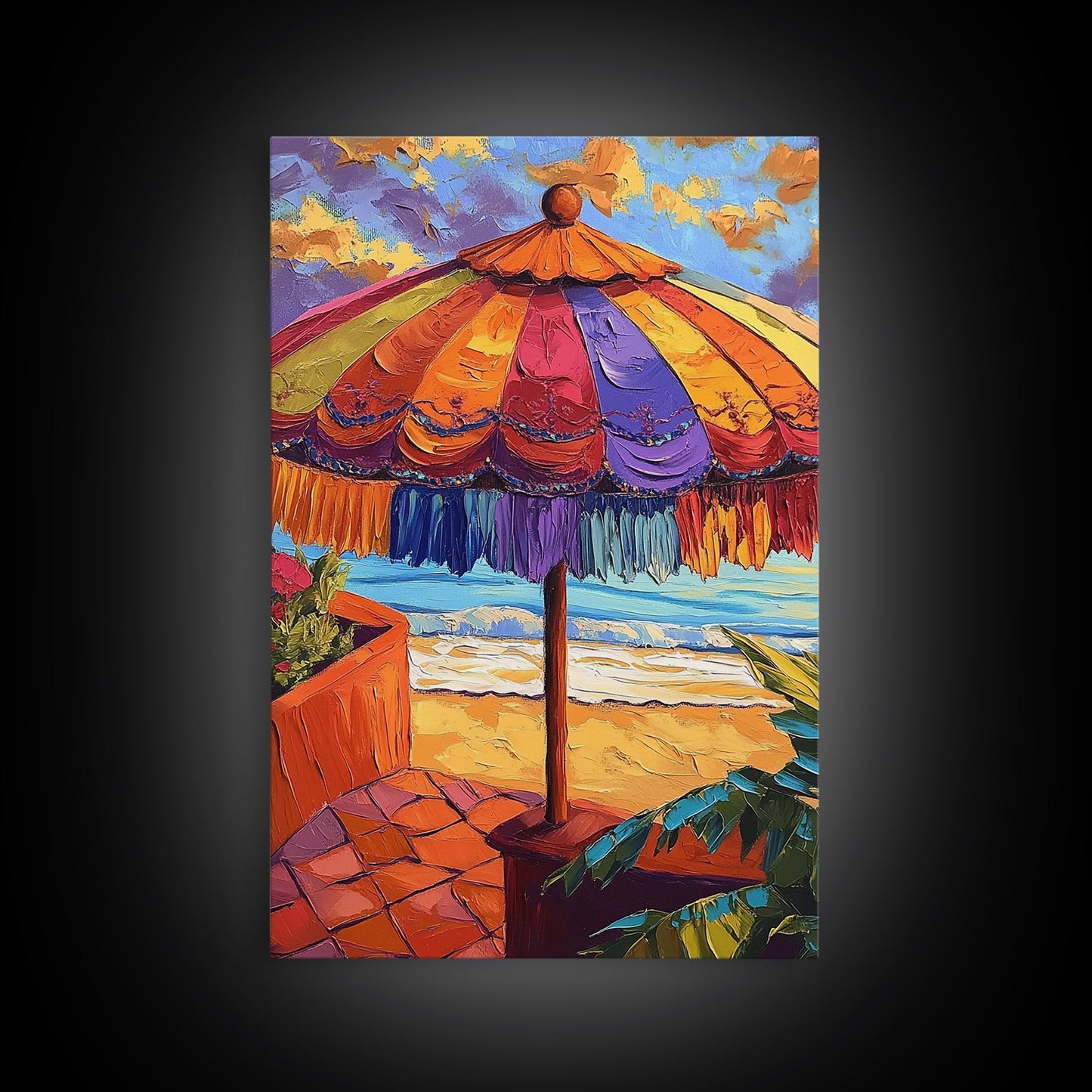 Beach Umbrella, Sunset, Framed Canvas Print, Tropical boho art, patio decor, summer beach vibe, colorful wall art, sunroom accent piece