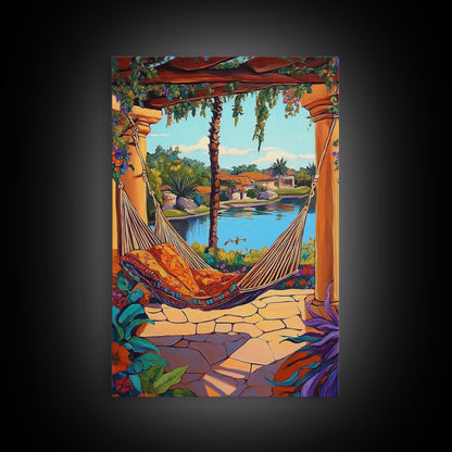 Hammock Patio, Relax, Lake, Framed Canvas Print, bohemian outdoor decor, tropical vacation art, summer patio vibe, living room wall art