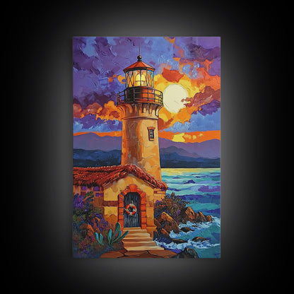 Moonlit Lighthouse, Rustic, Shore, Framed Canvas Print, Coastal Lighthouse Canvas, Dramatic Moon Ocean Scene, Rustic Nautical Wall Art