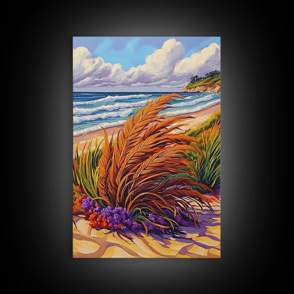 Ocean Dune, Grass, Coastal Beach Landscape Wall Decor, Nature Lover Gift, Living Room Wall Art, Boho Style Framed Canvas Print