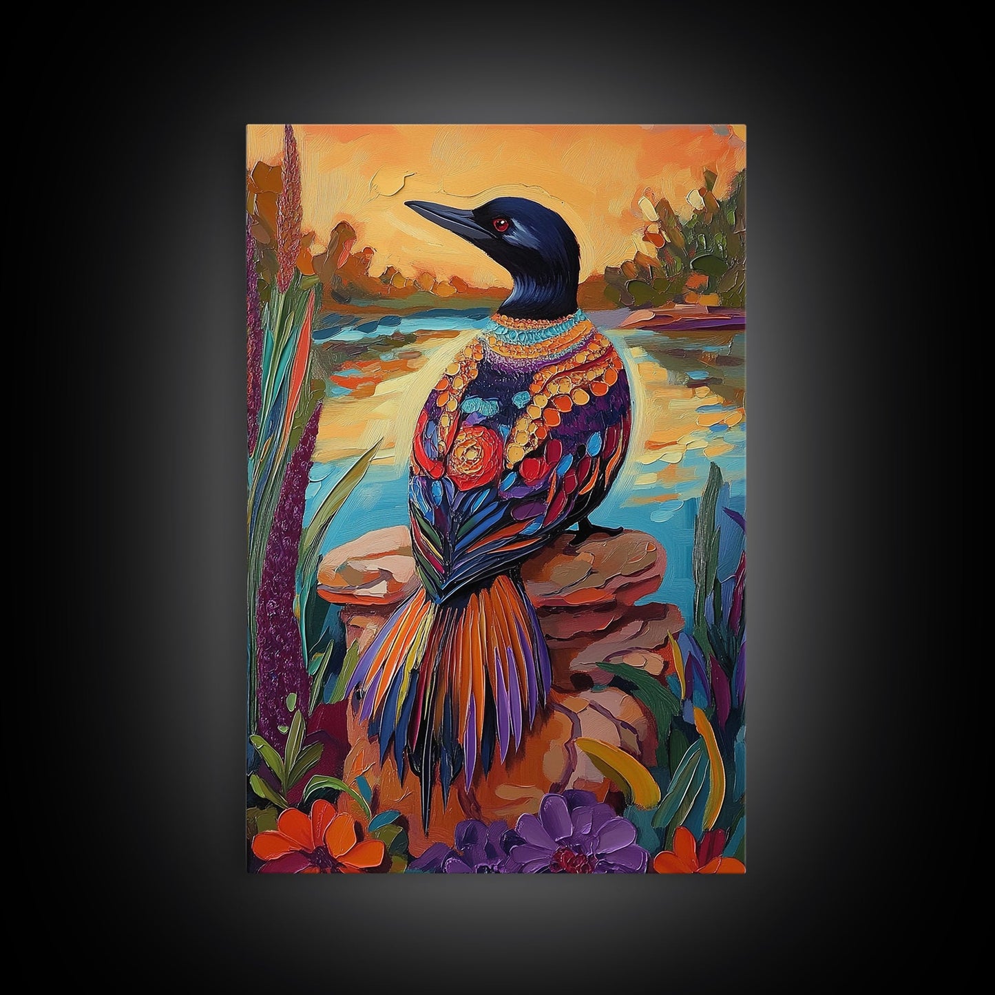 Jewel Loon, Sunset, Vibrant Bird Wall Art, Nature Wildlife Decor, Eclectic Home Accent, Living Room Boho Framed Canvas Print