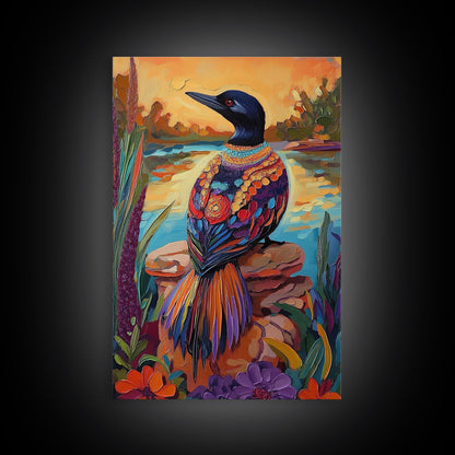 Jewel Loon, Sunset, Vibrant Bird Wall Art, Nature Wildlife Decor, Eclectic Home Accent, Living Room Boho Framed Canvas Print