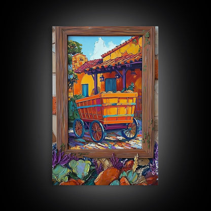 Rustic Wagon, Village, Colorful House Framed Canvas Print, Southwest Home Decor, Farmhouse Kitchen Wall Art, Mexican Art Style