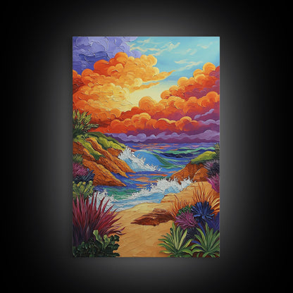 Seaside Sunset, Cliff, Dramatic Clouds Framed Canvas Print, Vibrant Ocean Wall Decor, Bathroom Beach Art, Coastal Expressionism