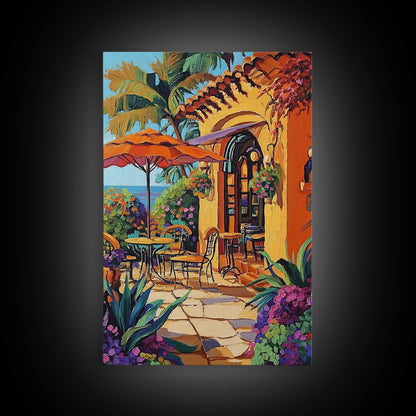 Bistro Patio, Sun, Canvas Print, Mediterranean cafe painting, kitchen wall art, outdoor charm artwork, sunny terrace decor, cozy nook print