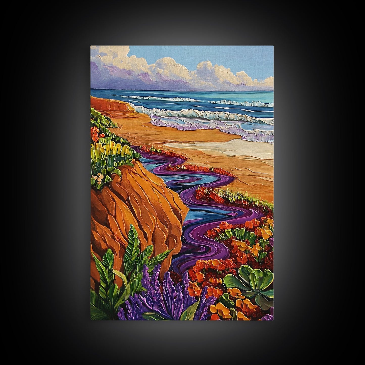 Ocean Cliffside, Floral, Seascape, Framed Canvas Print, Coastal Nature Wall Art, Bold Botanical Beach Decor, Bathroom Accent Piece