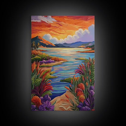 Lake Sunset, Wildflowers, Peaceful, Framed Canvas Print, Serene Nature Wall Art, Bedroom or Living Room Decor, Vibrant Landscape Style