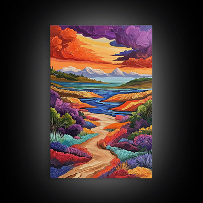 Mountains River, Clouds, Autumn, Framed Canvas Print, Bold Fall Landscape Art, Cozy Cabin Decor, Nature Lover Living Room Accent